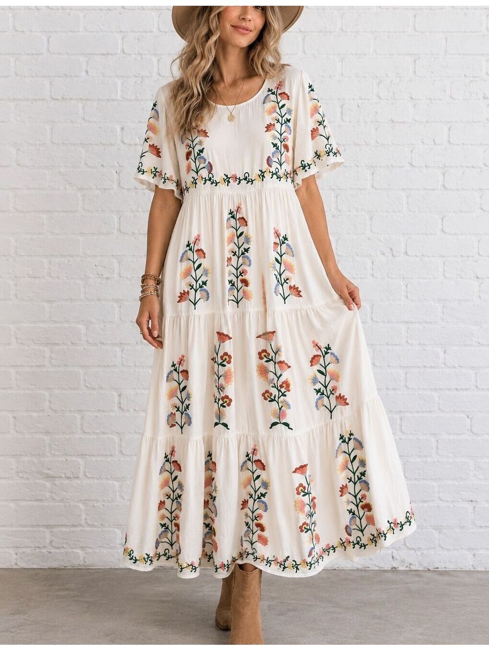 Fairycore Embroidered Floral Tiered Midi Dress Cottagecore Prairie Boho XL